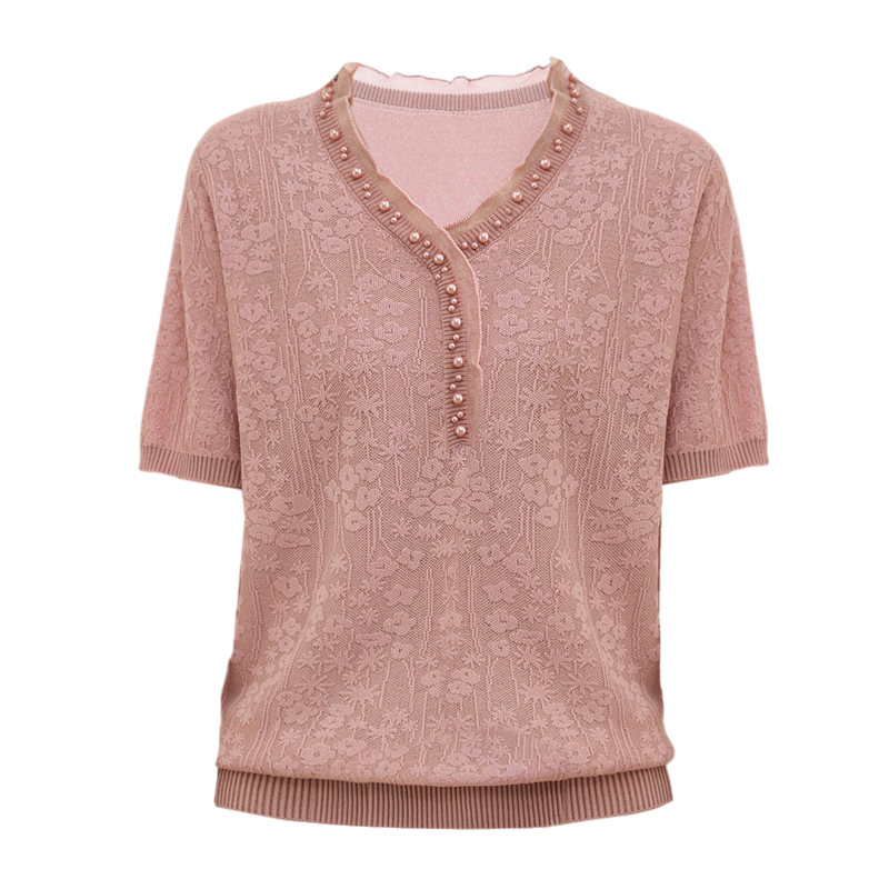 2025 New V Neck Short-Sleeved T-Shirt Middle-Aged and Elderly Women's Summer Ice Silk Knitwear Mom Summer Fashion Tops
