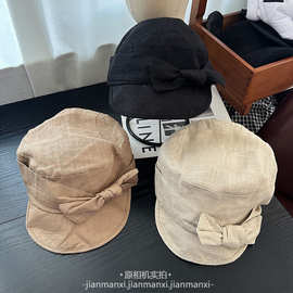 棉麻蝴蝶结软檐棒球帽子女2025早秋新款日系韩版素色鸭舌帽报童帽