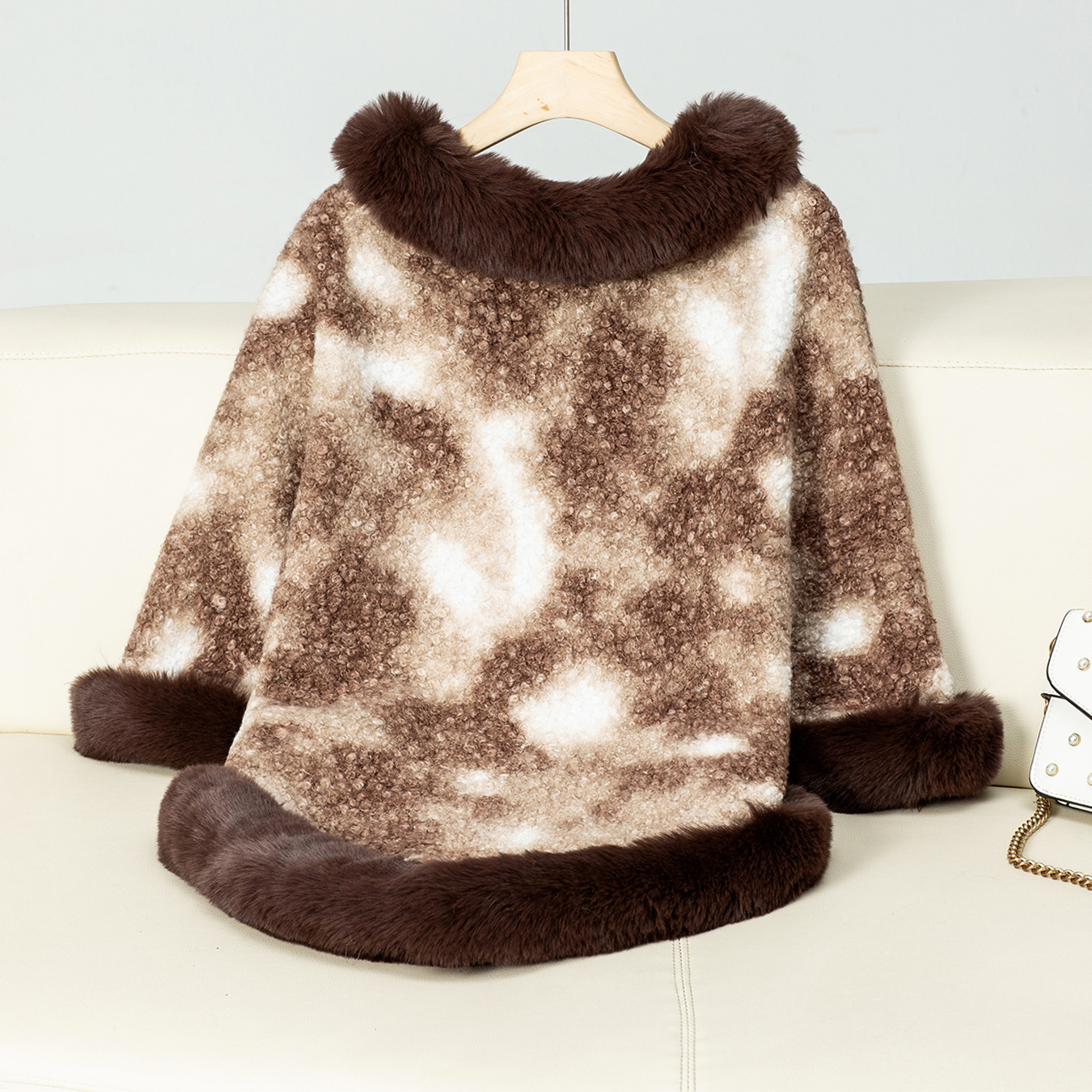 Ensemble col en fourrure tête couleur imprimé léopard tricot cape femme automne-hiver vintage pull ample châle_voghion.com