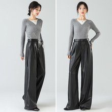 【可机洗~可暴晒~不裂皮】高腰直筒PU皮阔腿裤加绒休闲裤皮裤8028