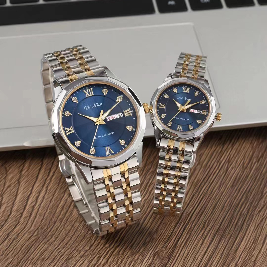 DINUO谛诺5820手表实心钢带日历防水情侣腕表高级感商务时尚对表