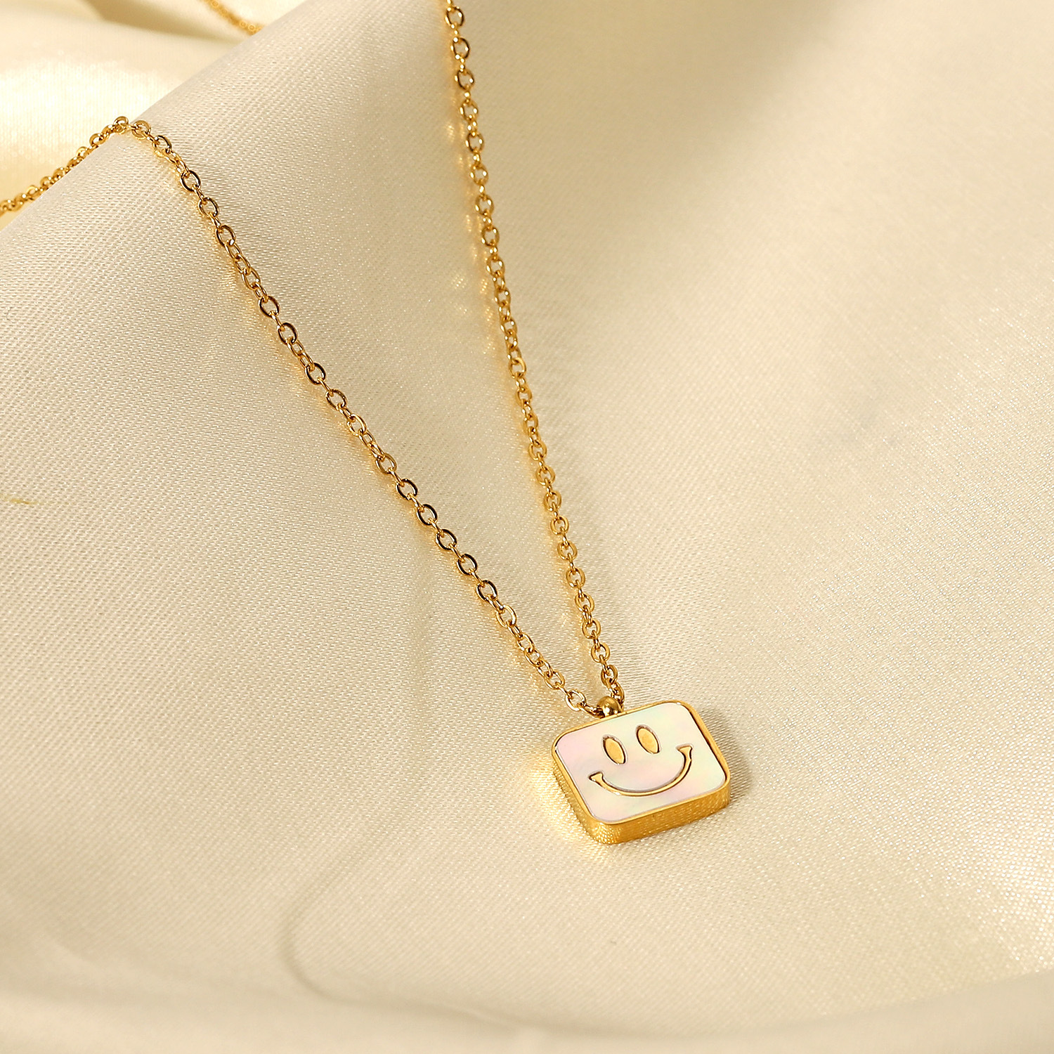 18K goldplated stainless steel square smiley face pendant natural white shell necklacepicture3