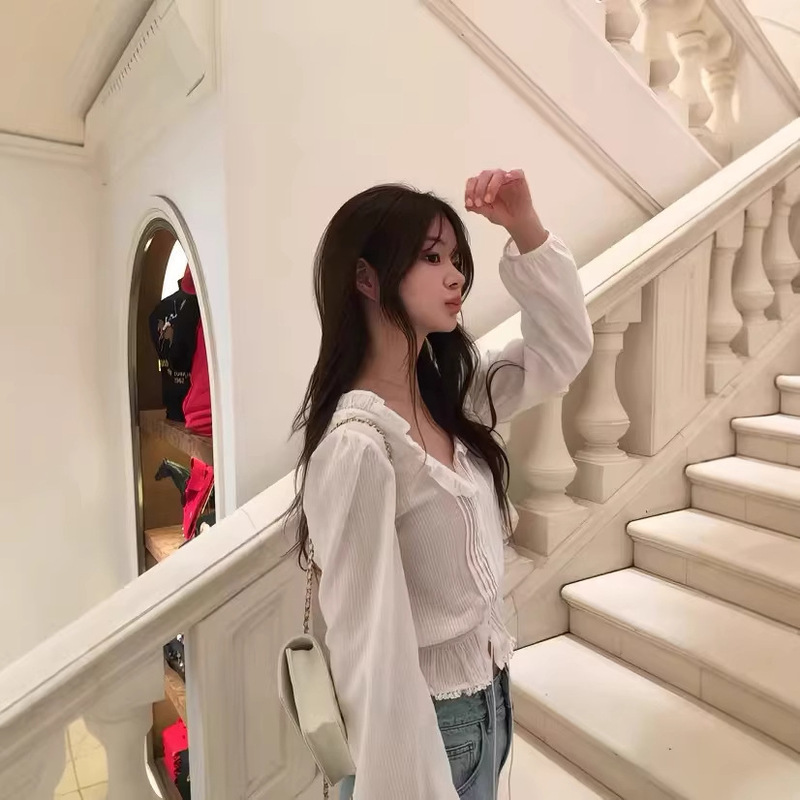 Vegetable Lace-Up Shirt, Korean Designer Women's Clothing, Sweet Girly Style, Slimming Korean-Style Top Vegetable Lace-Up Shirt, Korean Designer Women's Clothing, Sweet Girly Style, Slimming Korean-Style Top