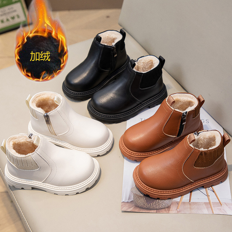 Children's Boots, Leather-Covered Soft-Soled Boys' Cotton Shoes, Winter Style, Small and Medium-Sized Kidsren's Non-Slip Girls' Short Boots, Warm British Style