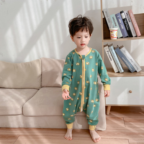 Children's one-piece sleepwear 100% cotton boneless for boys and girls, long sleeve home wear baby sleeping bag kick-proof blanket suitable for all four seasons