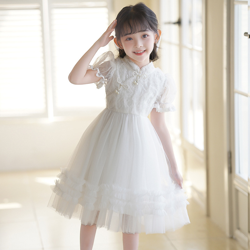 Children's Cheongsam Dress Summer New Style White Girl's Chinese Style Dress Princess Dress Baby's Children's Day Performance Dress