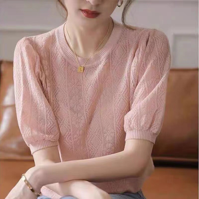 Japanese Style Light Luxury Lace Hollow Ice Linen Knitted Sweater Women's Summer Elegant Loose Casual All-match High-end Top
