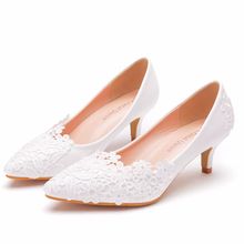 優雅簡單蕾絲花朵婚鞋白色5cm高跟新娘鞋拍婚紗照成人禮鞋子婚鞋