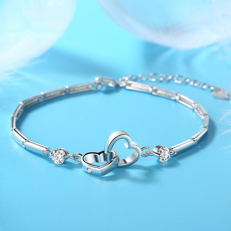Japan and South Korea Simplicity Sweet personality Double Heart Bracelet Heart to Heart Bracelet jewelry Jewelry heart-shaped Bracelet A generation of fat