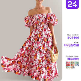 2025年新款跨境欧美女装波西米亚印花一字肩度假风性感宽松连衣裙