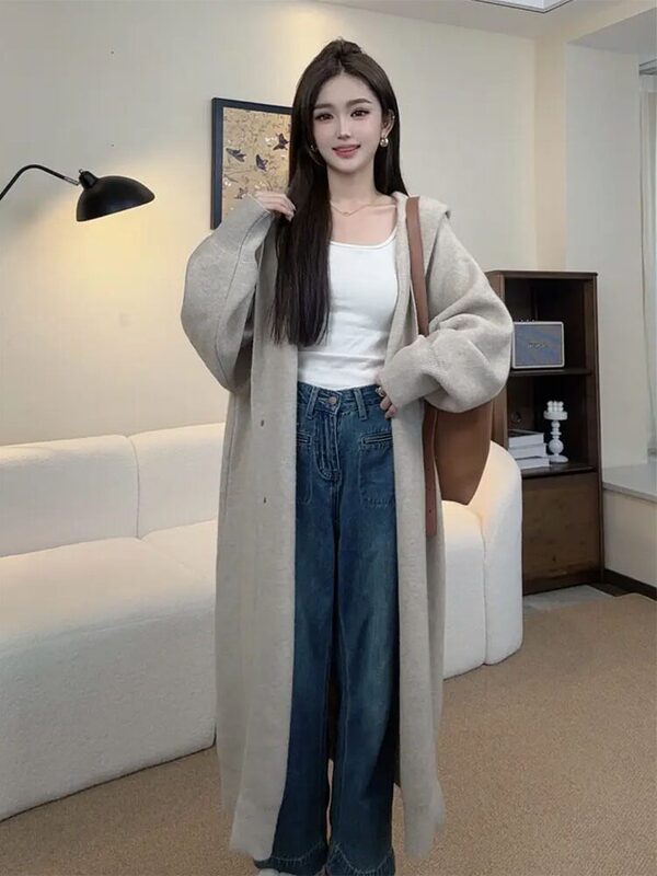 秋冬季新款长款开衫女高级感宽松慵懒风连帽韩系百搭针织外套大衣|undefined