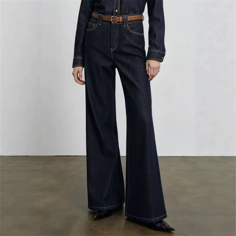 Yi** mall's same style 2026 autumn new fashion retro high-waisted slimming denim flared pants casual wide-leg pants