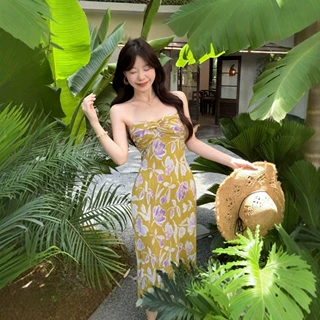2026新款肌理感收腰抹胸裙长款连衣裙女夏季印花度假风扭结裙子