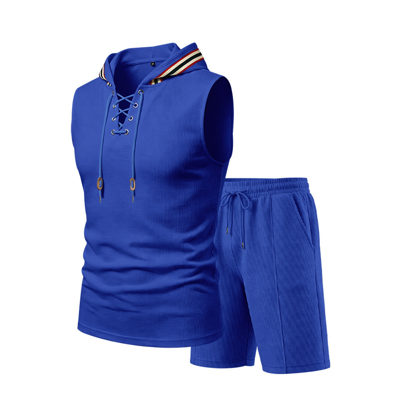 Men's Summer Hooded Vest And Shorts Set, Casual Loose Fit Breathable Athletic Two-Piece Outfit With Color Block Design_viptrois.com