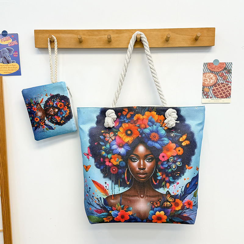 Yuanchuang Hand-Painted Tote Event Black Girl Printed Shoulder Bag Lightweight Foldableing Tote Bag Travel Shopping Bag for Women