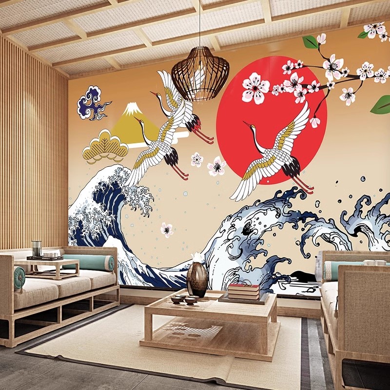 日本寿司料理店居酒屋墙布餐厅剧本杀壁纸和风日式浮世绘海浪墙纸