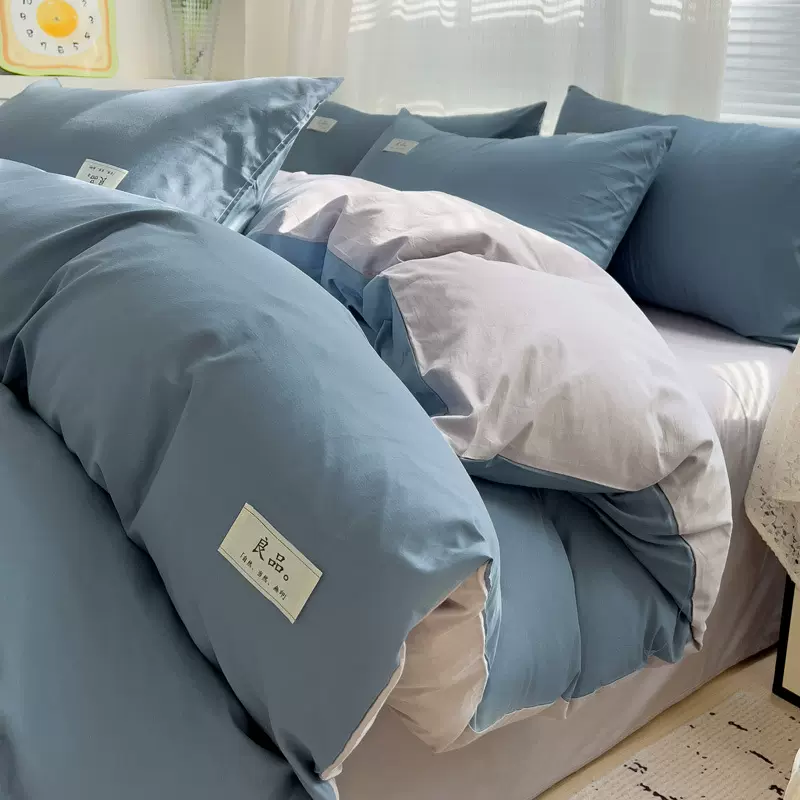 纯棉纯色双拼四件套全棉素色双色三件套 1.8床单款床笠款床上用品