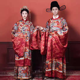 女士汉服立领长袄圆领袍婚服款中国风重工男女可穿汉服印花款