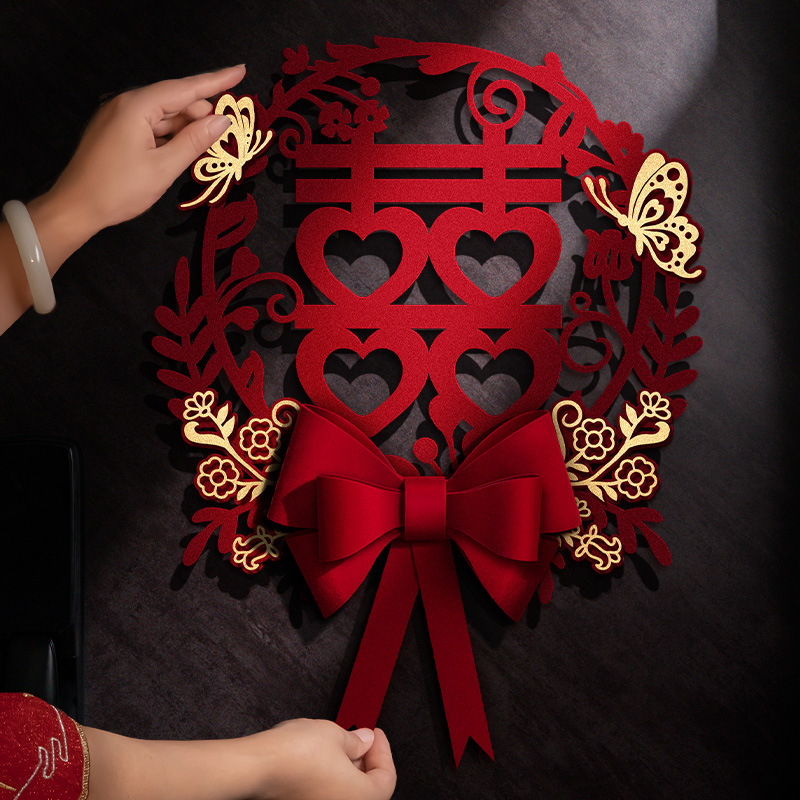 Suministros de boda pegatinas de palabras felices puerta de boda hombres y mujeres diseño de sala de bodas pegatinas de puerta tela no tejida decorativa arco de palabras felices