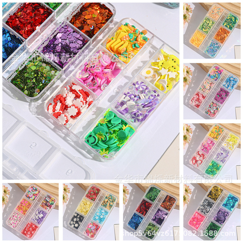 Cross-Border Nail Art Accessories Soft Clay Pieces Pvc Glitter Nail Decorations Artificial Fruit Mixed 6-Color Set DIY Materials
