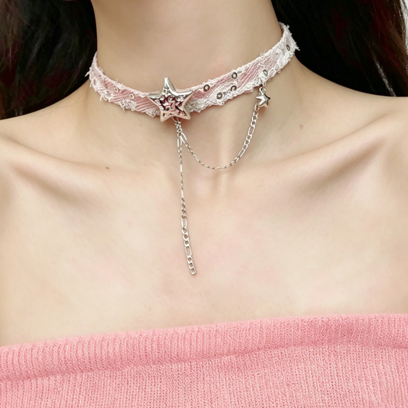 Cross-Border New Jewelry Ultra-Sweet Pink and Green Choker Necklace Star Tassel Clavicle Chain Necklace for Women