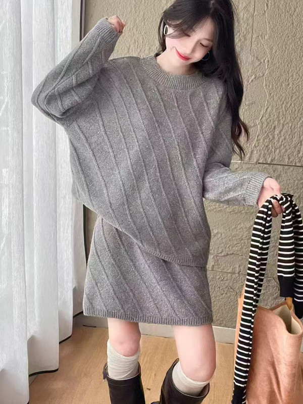 跨境设计感慵懒风斜纹毛衣针织套装女秋冬圆领套头毛衣高腰半身裙|undefined