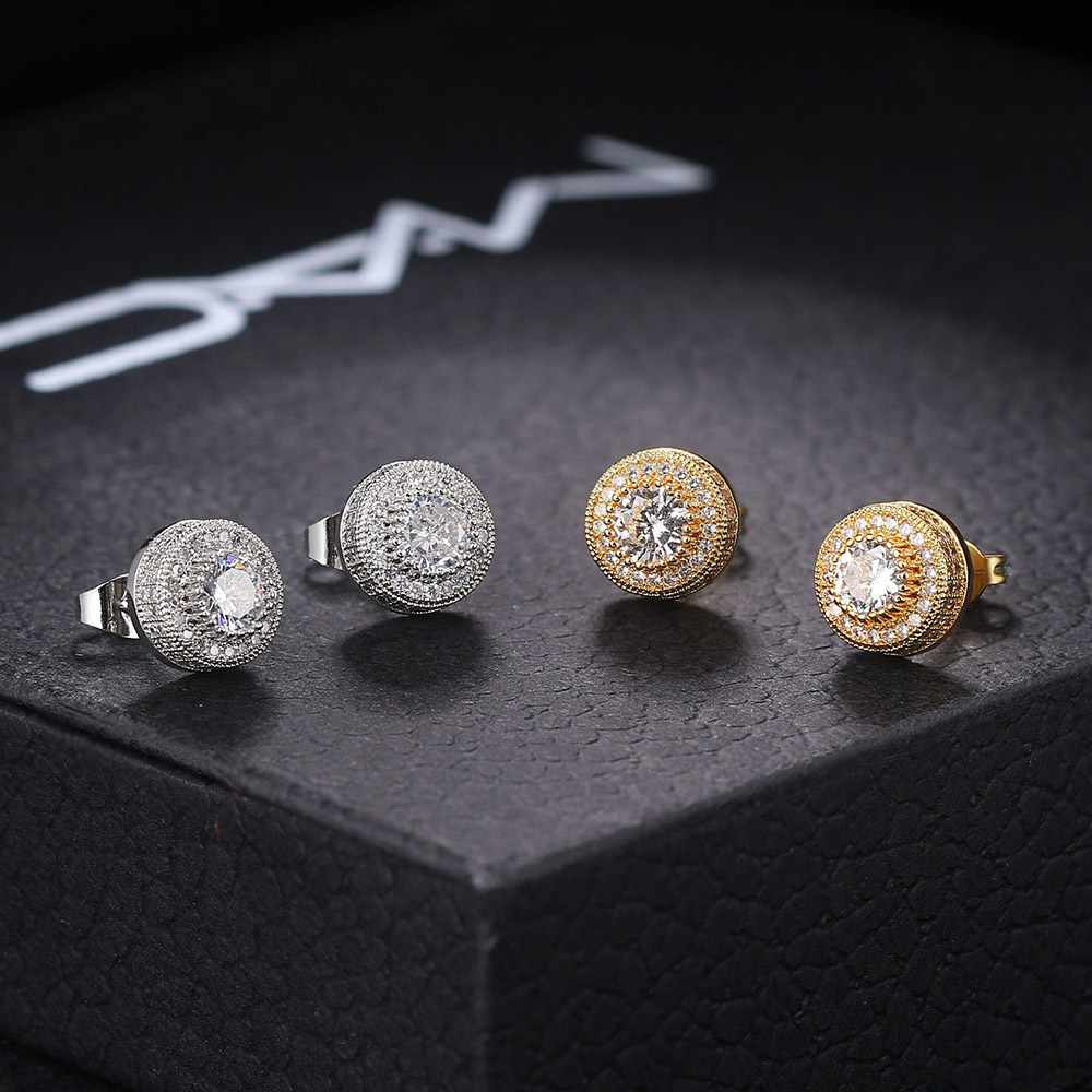 Popular Hip Hop Zircon Stud Earrings Men's And Women's Full Diamond Gold Plated Threaded Earrings Stud Earrings_voghion.com