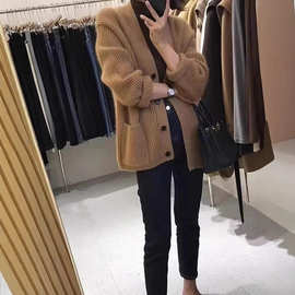 羊毛长袖单排扣V领纯色年秋季时尚潮流百搭开衫外套女装内搭