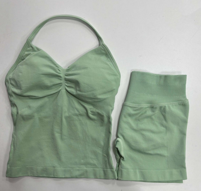 Conjunto DF Amazon pantalones cortos explosivos sujetador pequeño alto elástico superfino nailon halter cuello hermoso chaleco deportivo trasero
