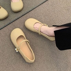 ソフトレザーフレンチスカートラウンドトゥメリーシューズ2025年夏新作浅口ソフトソール婦人靴フラットカジュアルレザーシューズ
