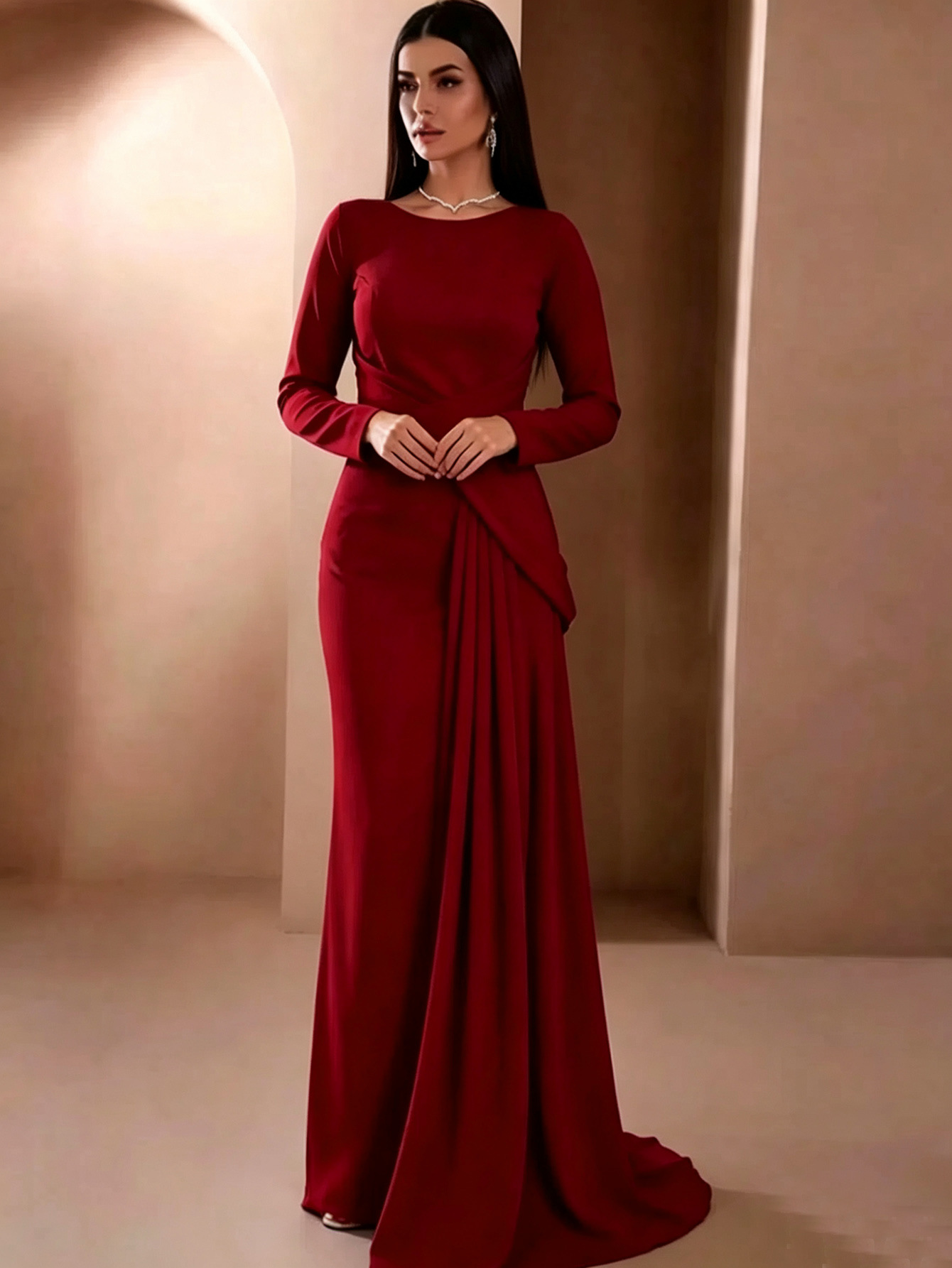 877W transfronterizo de moda europea y americana cuello redondo mangas largas de cintura correa temperamento delgado vestido de alfombra roja larga