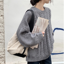 纯色麻花毛衣女秋冬季宽松套头上衣复古日系慵懒风外穿上衣针织衫