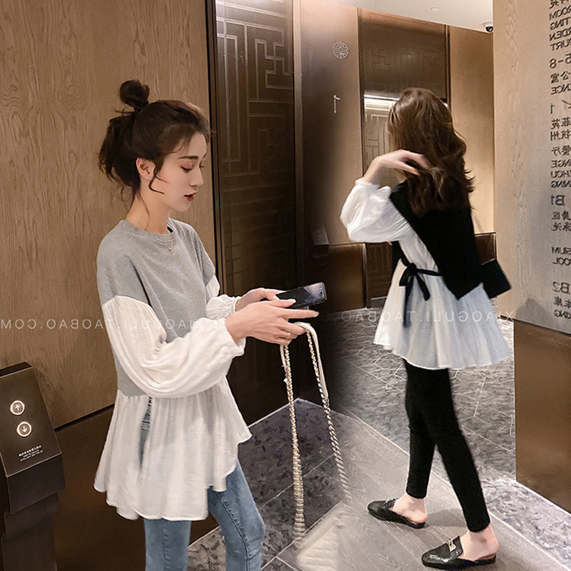 2026春服 長袖フェイクツーピース パッチワークランタンスリーブシャツ 大きいサイズ ゆったりお腹カバートップス マタニティ授乳服