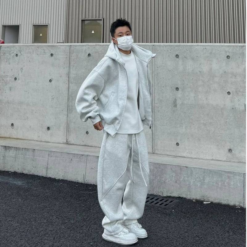 简约美式重磅连帽卫衣开衫男潮流阔版系带休闲裤宽松两件休闲套装|undefined