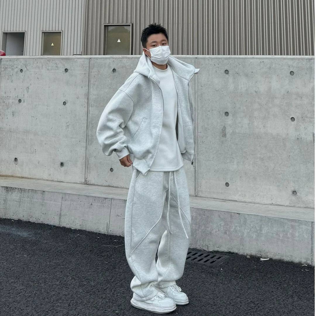 Simple americano pesado con capuchón cardigan hombre estilo amplio lazos pantalones casuales sueltos de dos piezas set casual