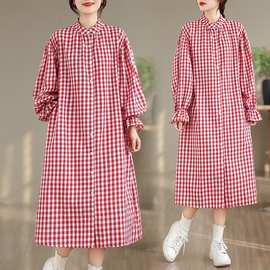 实拍红色格子全开襟连衣裙女2025春秋新款文艺小清新日系衬衫裙潮
