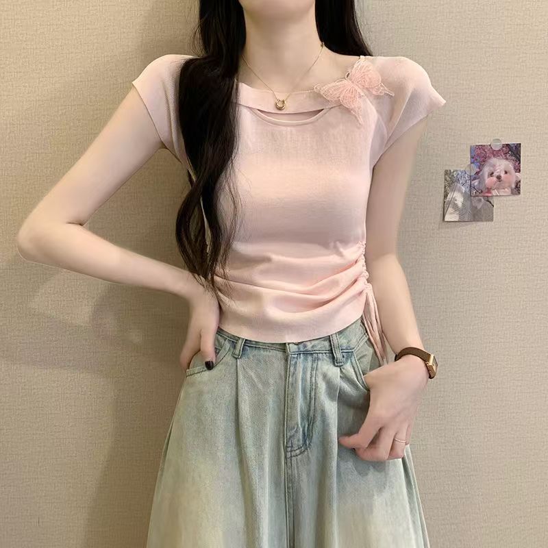 Sweet and Stylish Three-Dimensional Butterfly Short-Sleeve Knit T-Shirt for Women, with a Drawstring Design, Slim Fit, Flattering, Versatile Pink Top