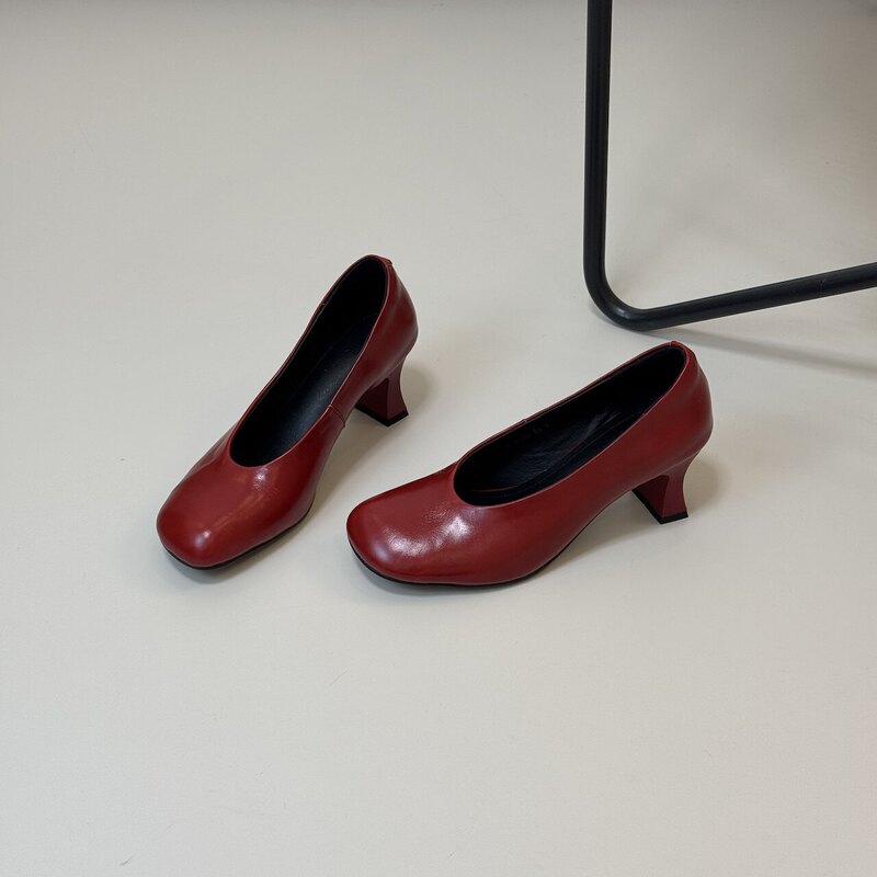 2026 Spring and Summer New French-Style Red Shoes 5.5cm Korean-Style Elegant Simple Round-Toe Shallow High-Heeled Shoes