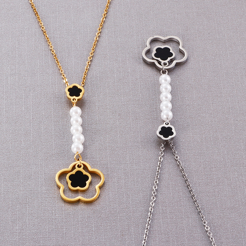 Fashion Flower Titanium Steel Inlay Artificial Pearls Earrings Necklace 1 Set