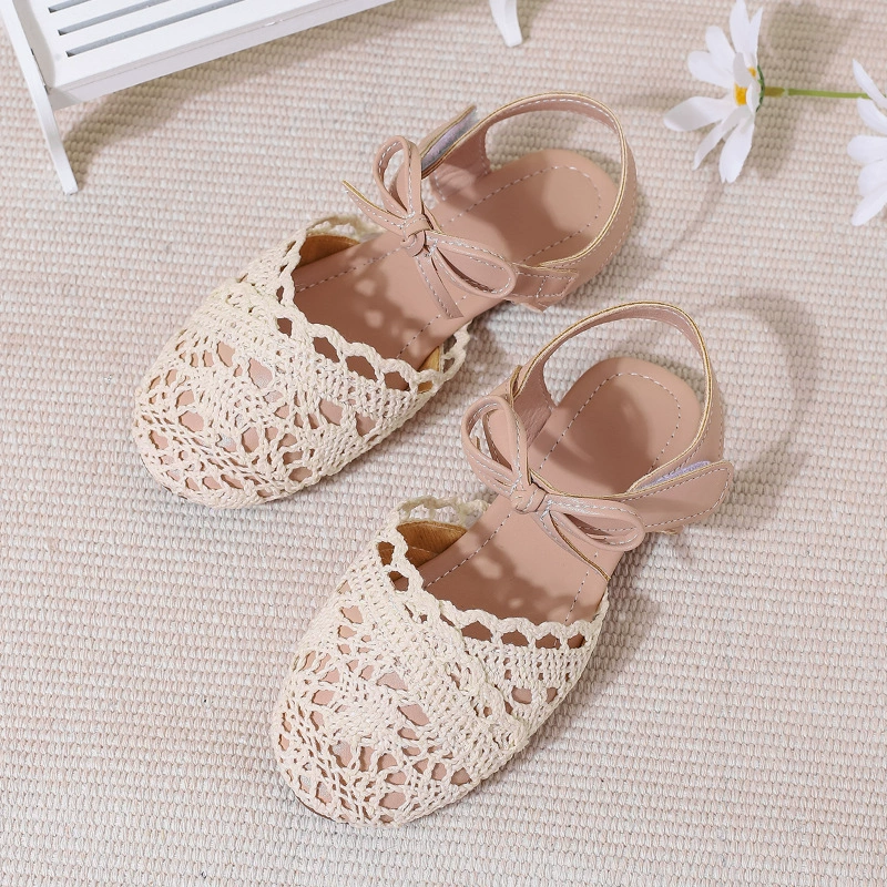 Трансграничная кожаная обувь для девочек 2024, весенние новые сандалии с бантом, абрикосовые сандалии с полым мягким дном, нескользящая обувь принцессы, edge trade