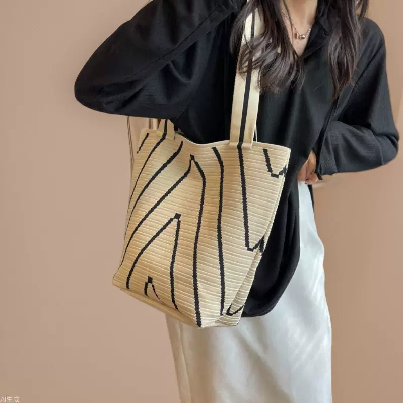 包包女小众设计波浪纹针织单肩包出街购物大容量包包通勤水桶包