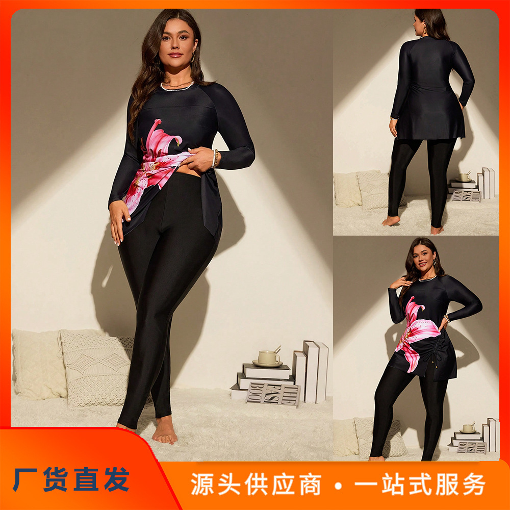 Amazon 2025 New Fixed Edition Printed European and American plus size Swimsuit Long Sleeve Sun Protection Drawstring Split Women's Tankini