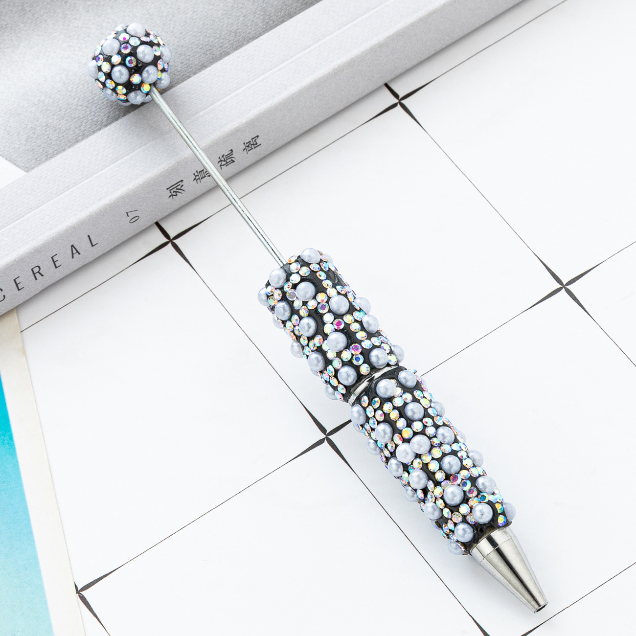 Bolígrafo con cuentas de perlas lleno de diamantes de bricolaje, bolígrafo con cuentas de perlas de diamantes pegados a mano, bolígrafo con cuentas de plástico multicolor