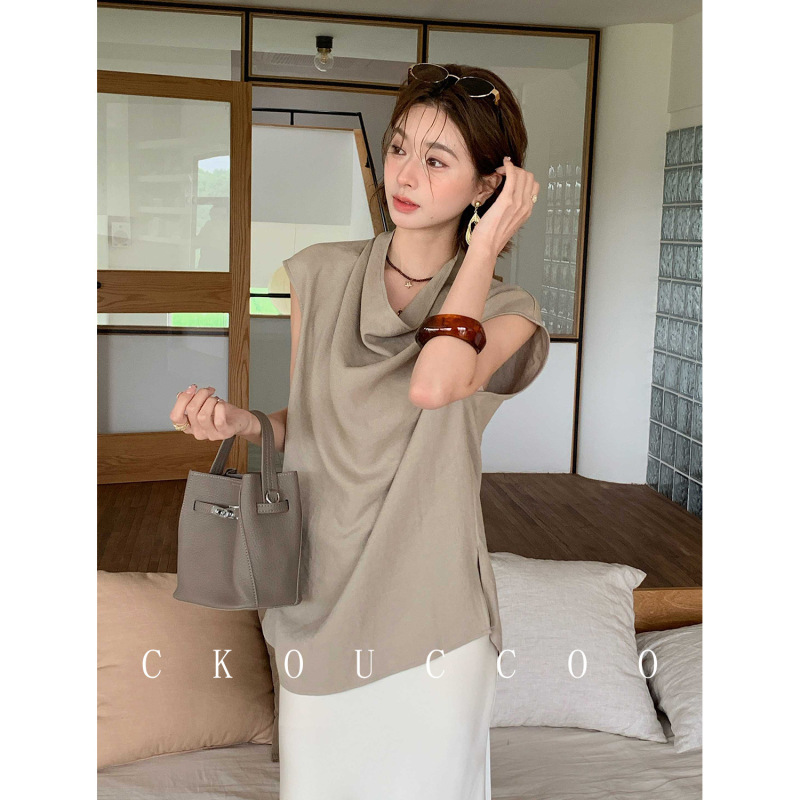 Rongtai Smoke Shadow Multi-Color Tencel Silk Swing Collar Shirt for Women, Sleeveless, Loose Fit, Casual Versatile Summer Top