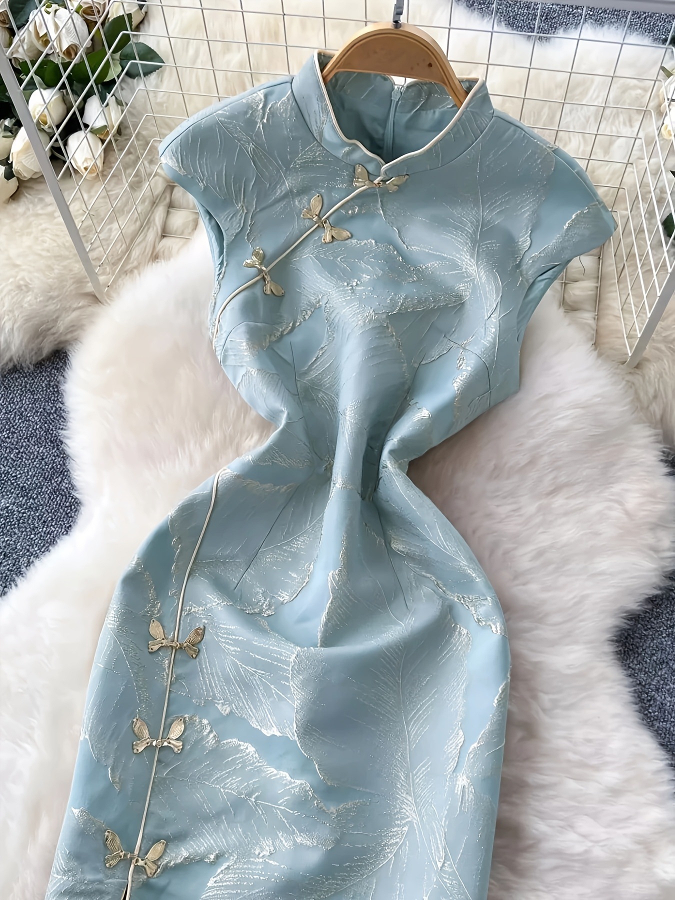 Nuevo elegante cross-border europeo y americano nuevo estilo chino con cara de caballo, cuello de rana, abrazadera de abrazadera, cheongsam, estampado, Jacquard, vestido delgado image 4