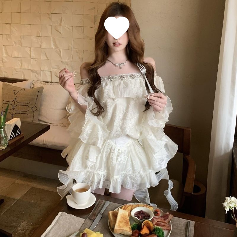 法式纯欲镶钻荷叶边不规则上衣女夏季新款设计感刺绣半身裙两件套|undefined