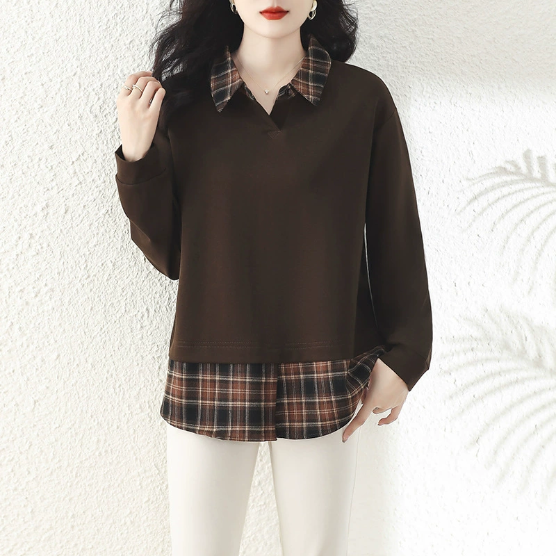 2024 осень и зима новый свободный поддельный два лацкана с длинными рукавами свитер женский дикий топ