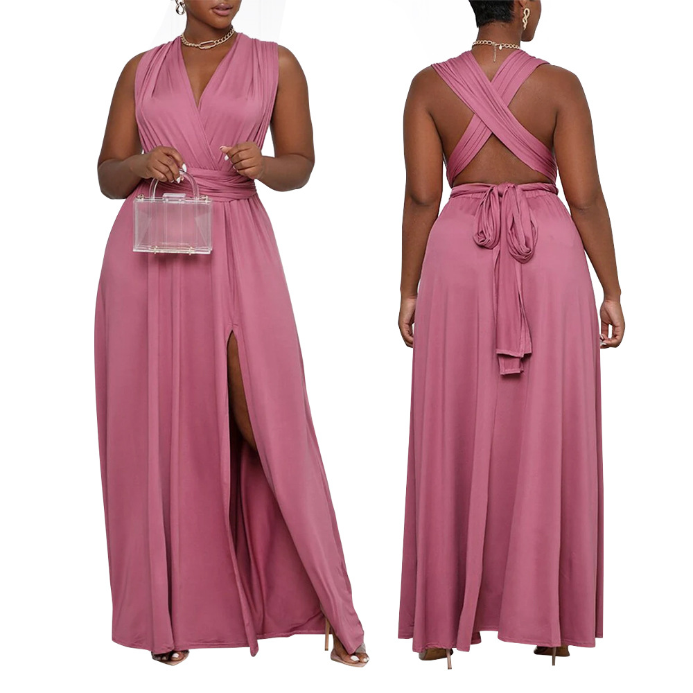 Solid Color Halter Strap Hollow Plus Size Slit Dress NSCYF80215