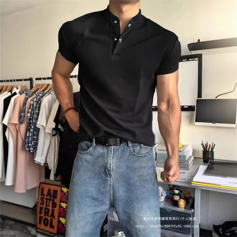 Black Henry Collar Polo Shirt Short-Sleeved Men's Summer American Sports Fitness Right Shoulder T-Shirt Showing Muscle Three-Quarter Sleeves