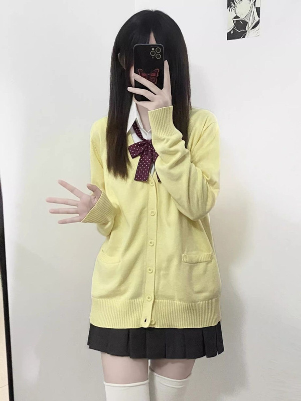 新しい日本のカレッジスタイルの春と秋のJKセーターゆるい純粋なマルチカラーのVネックニットカーディガン長袖ジャケット女性用|undefined